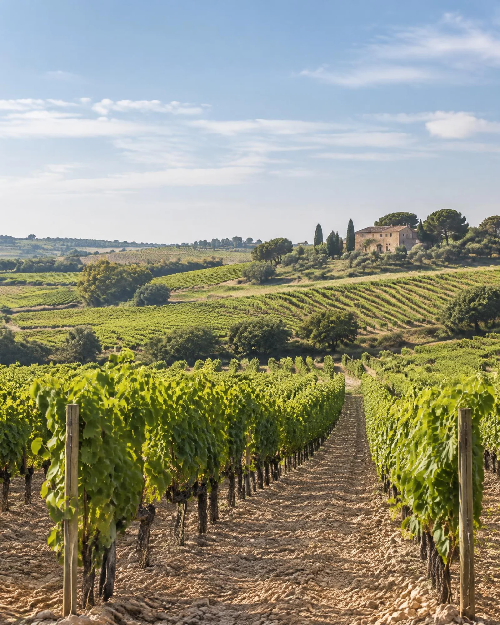 Hileras de viñedos del Penedès a media mañana bajo un cielo claro